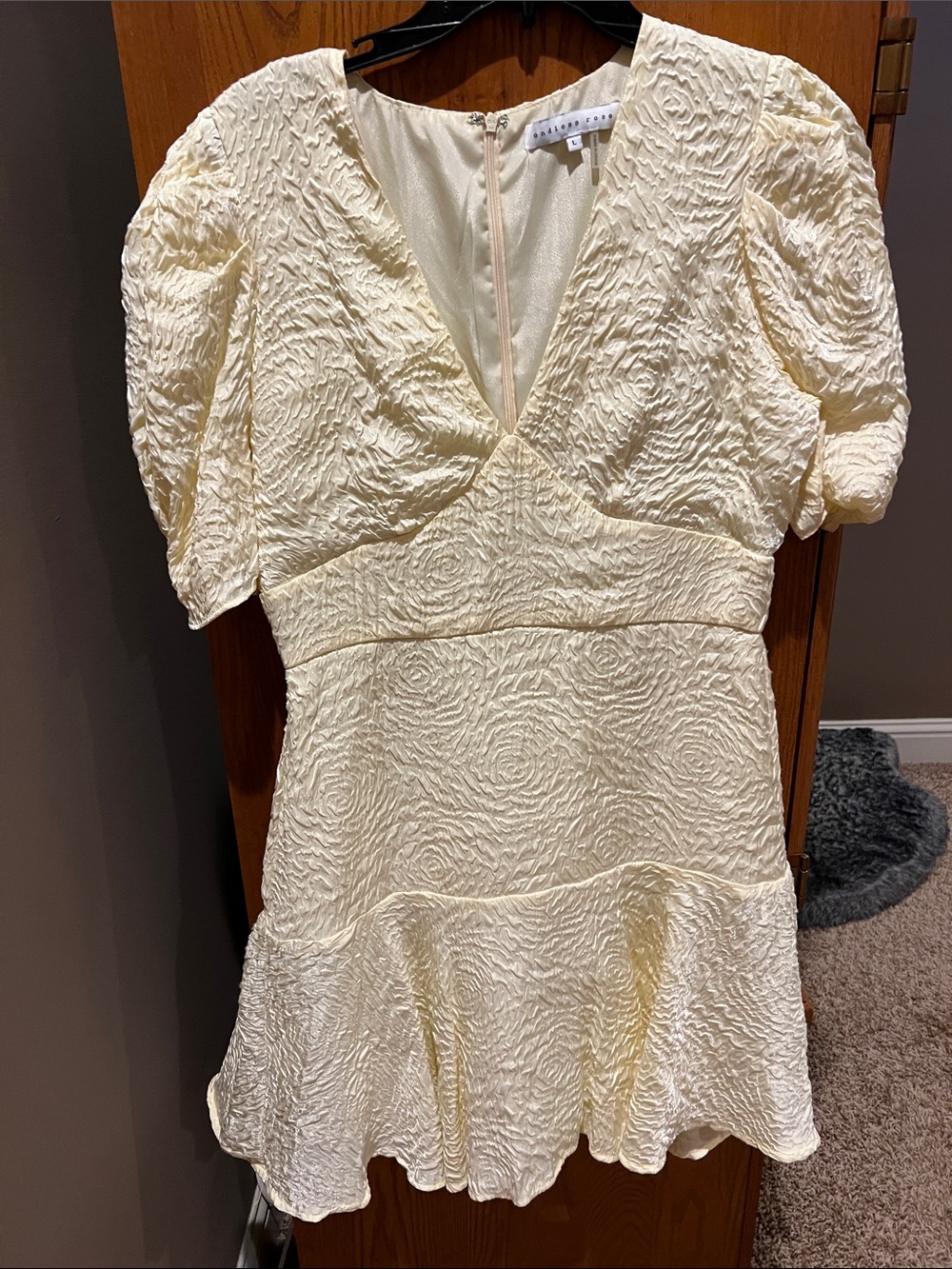 Endless Rose Cream Textured V-Neck Mini with Puff Sleeves